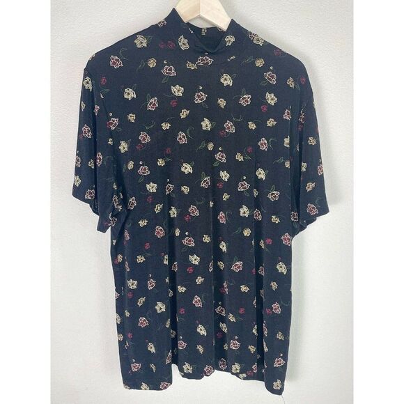 vintage Frazier Lawrence woman black gold red rose flower short sleeved blouse - Picture 2 of 6
